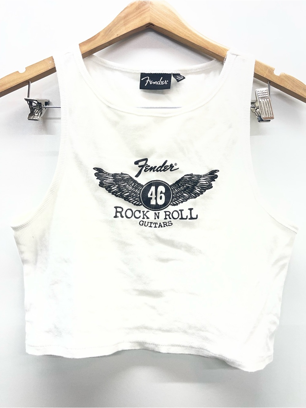 Fender White Crop Tank with‎ Black Rock N Roll Graphic